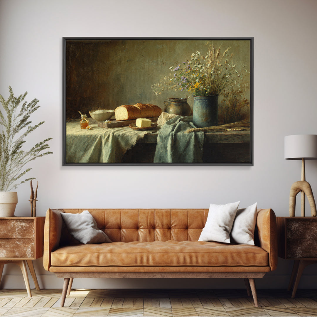 Fresh Bread Honey and Butter Still Life Framed Canvas Print, Farmhouse Art, Fine Art Print, Farmhouse Decor, Oil Painting, FAR-3x2-100