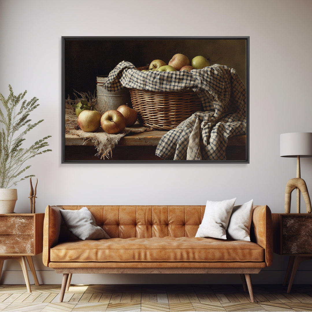Apple Basket with Gingham Cloth Framed Canvas Print, Farmhouse Art, Oil Painting, Farmhouse Decor, Fine Art, Harvest, FAR-3x2-15