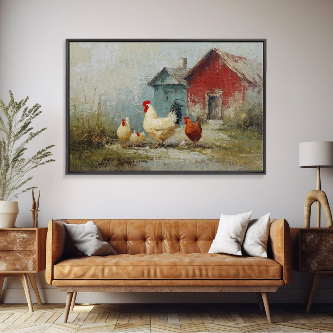 Chicken Family in a Garden Patch Framed Canvas Print, Farmhouse Art, Floral Wall Art, Farmhouse Decor, Fine Art, Harvest, FAR-3x2-19