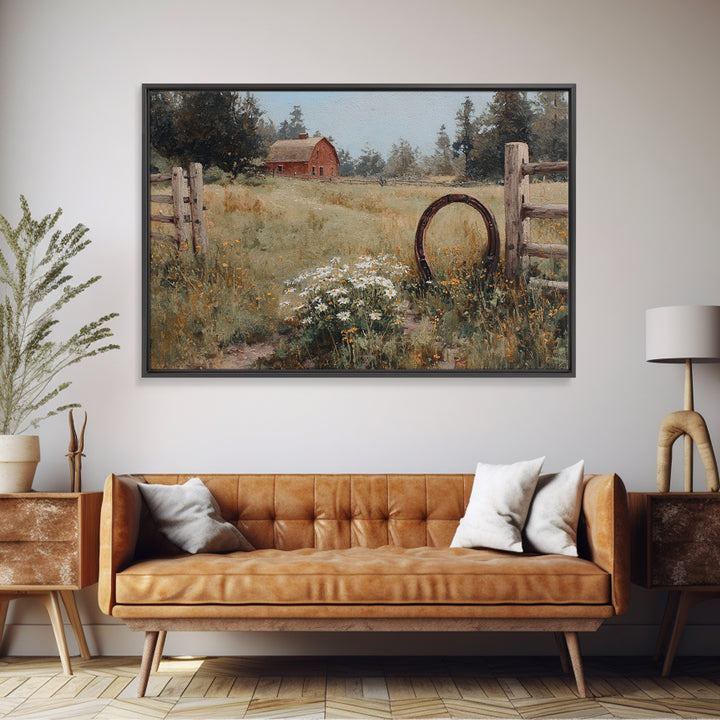 Weathered Horseshoe and Wildflowers Framed Canvas Print, Farmhouse Art, Sage Green Wall Art, Farmhouse Decor, Fine Art, Harvest, FAR-3x2-25