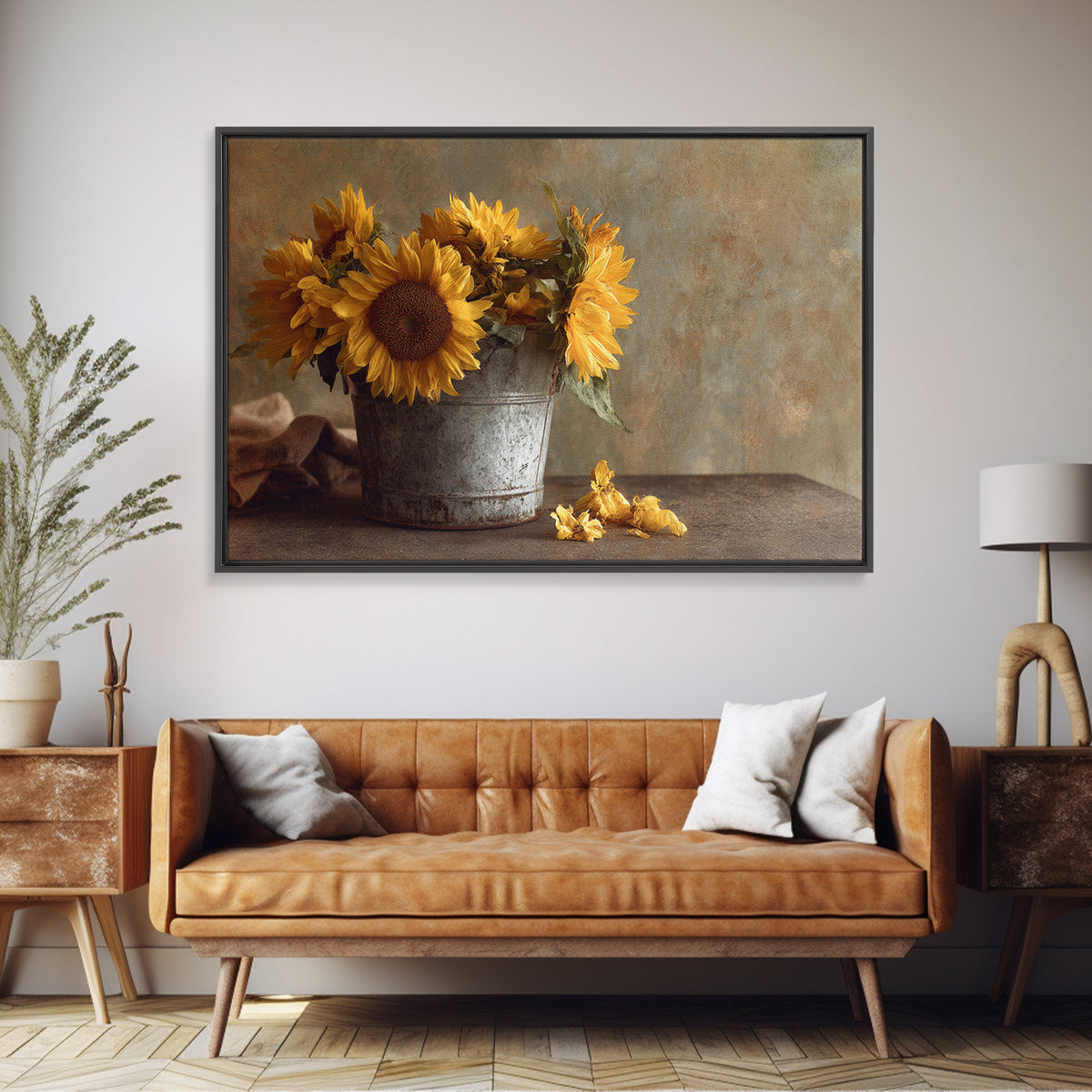 Sunflowers in a Galvanized Metal Bucket Framed Canvas Print, Farmhouse Art, Landscape Painting, Farmhouse Decor, Harvest, FAR-3x2-31