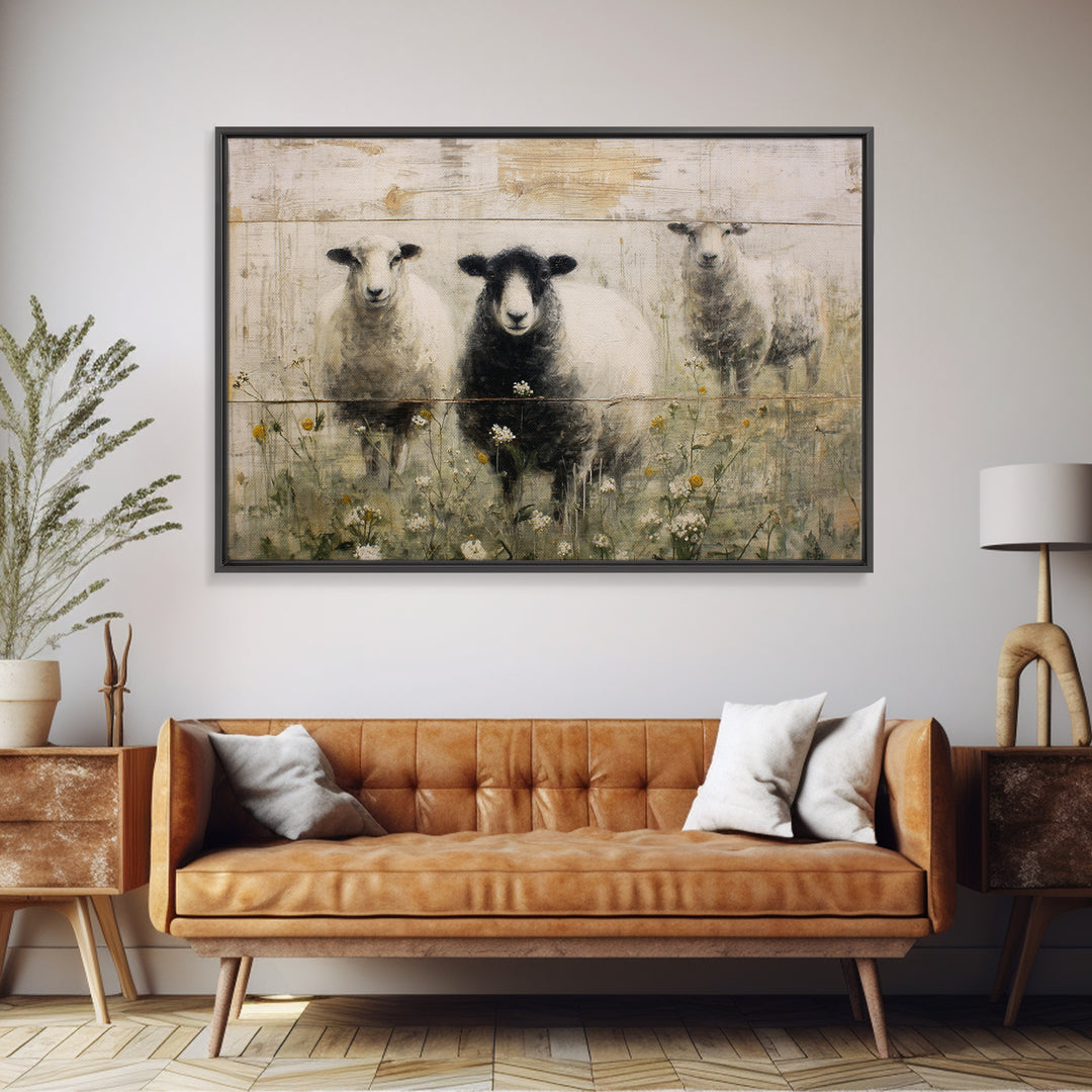 Black and White Sheep Framed Canvas Print, Farmhouse Art, Sage Green Wall Art, Farmhouse Decor, Harvest, Gallery Decor, FAR-3x2-36