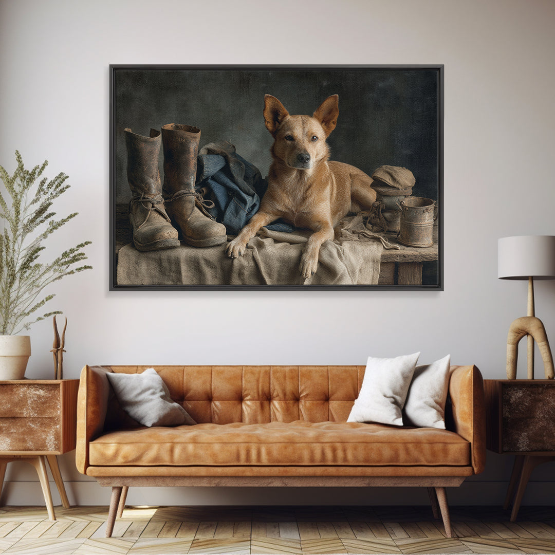 Farm Dog Lying Beside Weathered Boots Canvas Print, Farmhouse Art, Farmhouse Wall Decor, Farmhouse Decor, Oil Painting, Harvest, FAR-3x2-37