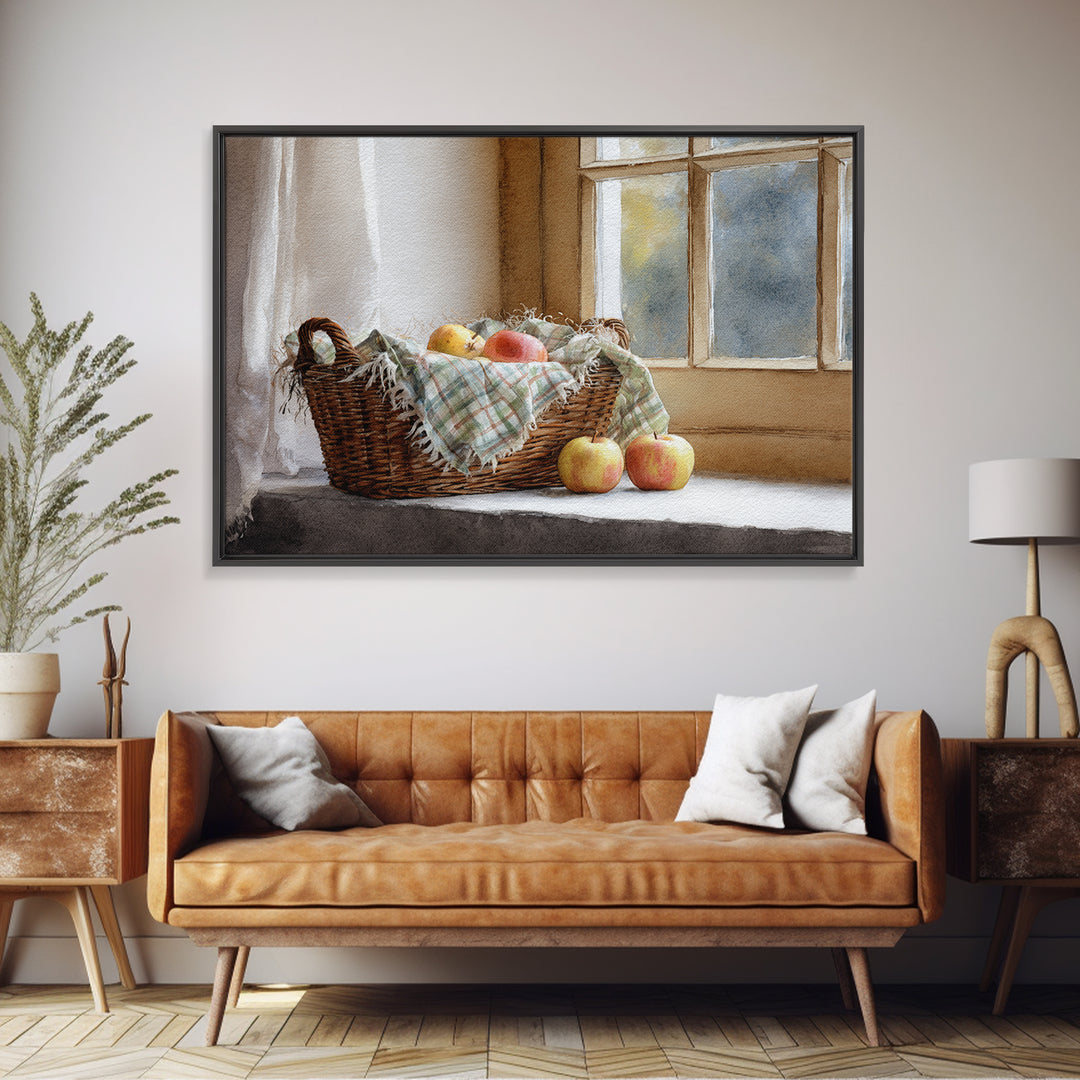 Apple Basket with Gingham Cloth Framed Canvas Print, Farmhouse Art, Neutral Decor, Farmhouse Decor, Fine Art, Harvest, FAR-3x2-39