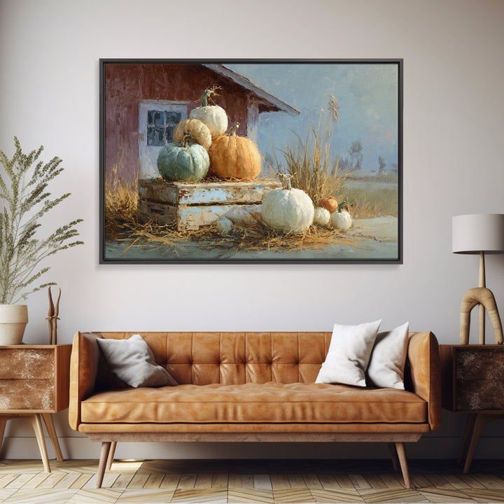Pumpkins Stacked on a Wooden Crate Framed Canvas Print, Farmhouse Art, Botanical Prints, Farmhouse Decor, Watercolor Art, FAR-3x2-41