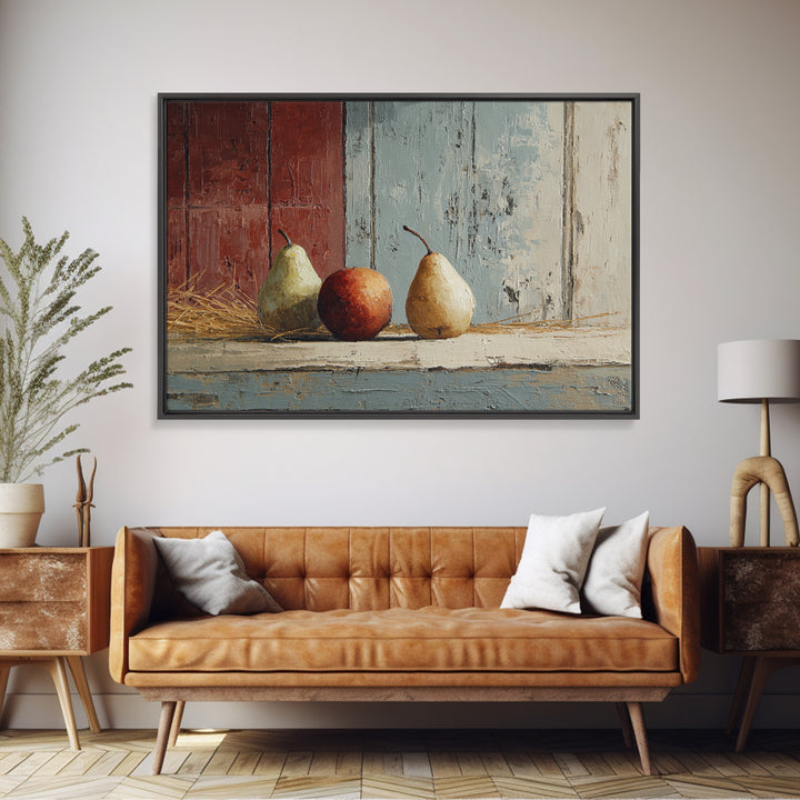 Rustic Pear Still Life on Plank Wood Framed Canvas Print, Farmhouse Art, Room Decor, Farmhouse Decor, Oil Painting, Harvest, FAR-3x2-47