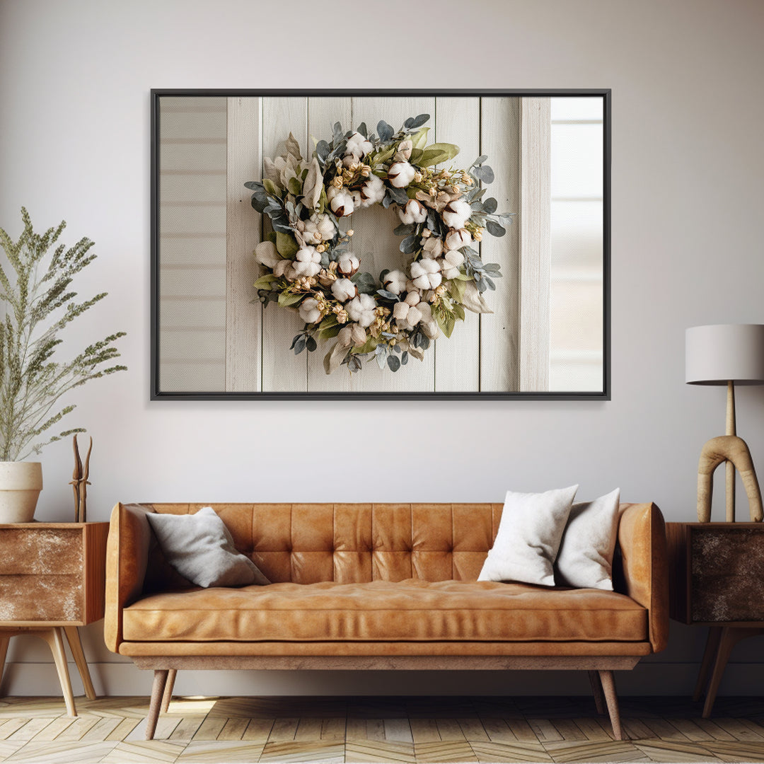 Farmhouse Wreath of Cotton Stems and Eucalyptus Canvas Print, Farmhouse Art, Farmhouse Wall Decor, Farmhouse Decor, Harvest, FAR-3x2-48
