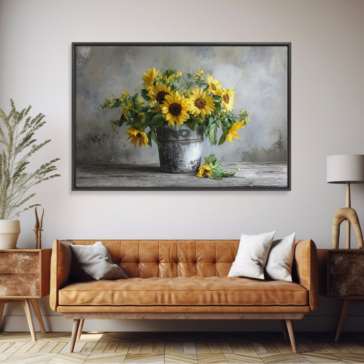 Sunflowers in a Galvanized Metal Bucket Framed Canvas Print, Farmhouse Art, Art, Farmhouse Decor, Watercolor Art, Harvest, FAR-3x2-55