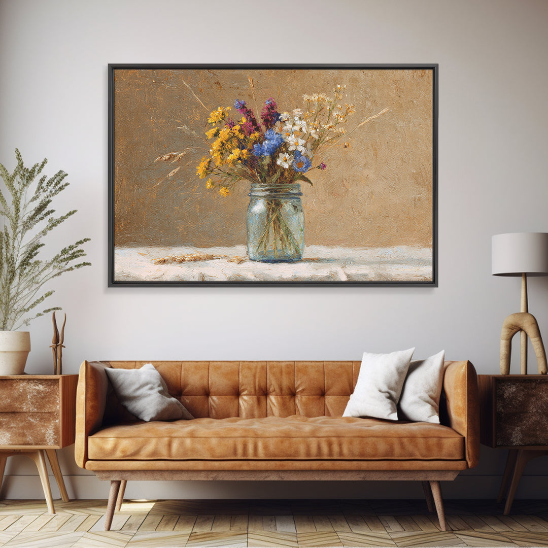 Wildflowers in a Mason Jar on Linen Framed Canvas Print, Farmhouse Art, Art Print, Farmhouse Decor, Fine Art, Harvest, FAR-3x2-59