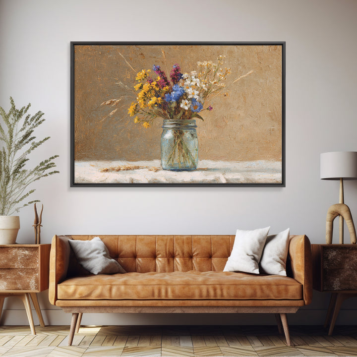 Wildflowers in a Mason Jar on Linen Framed Canvas Print, Farmhouse Art, Art Print, Farmhouse Decor, Fine Art, Harvest, FAR-3x2-59
