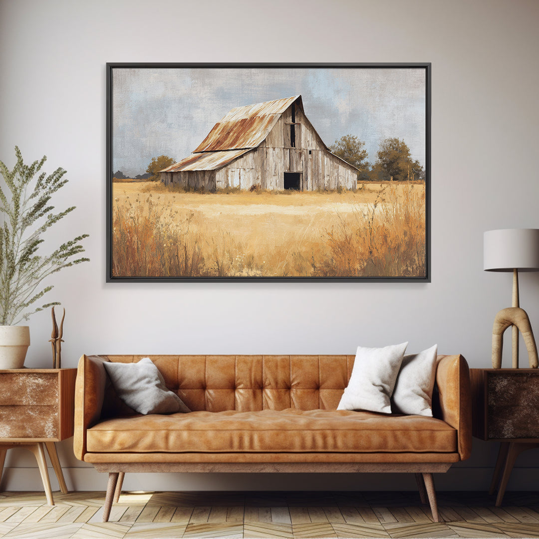 Rustic Barn in Golden Field Light Framed Canvas Print, Farmhouse Art, Digital Print, Farmhouse Decor, Fine Art, Harvest, FAR-3x2-6