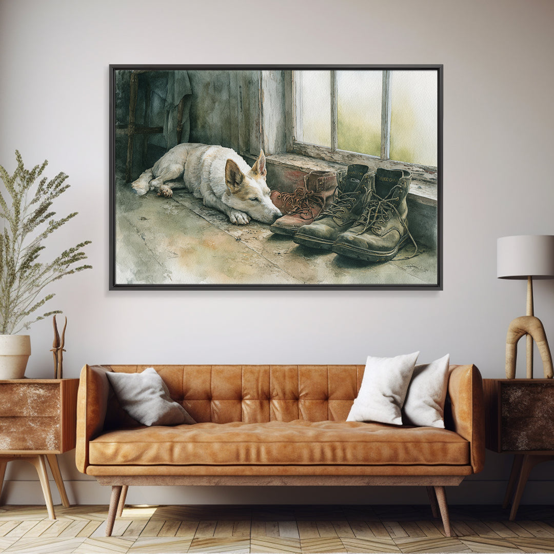 Farm Dog Lying Beside Weathered Boots Canvas Print, Farmhouse Art, Farmhouse Wall Decor, Farmhouse Decor, Oil Painting, Harvest, FAR-3x2-61