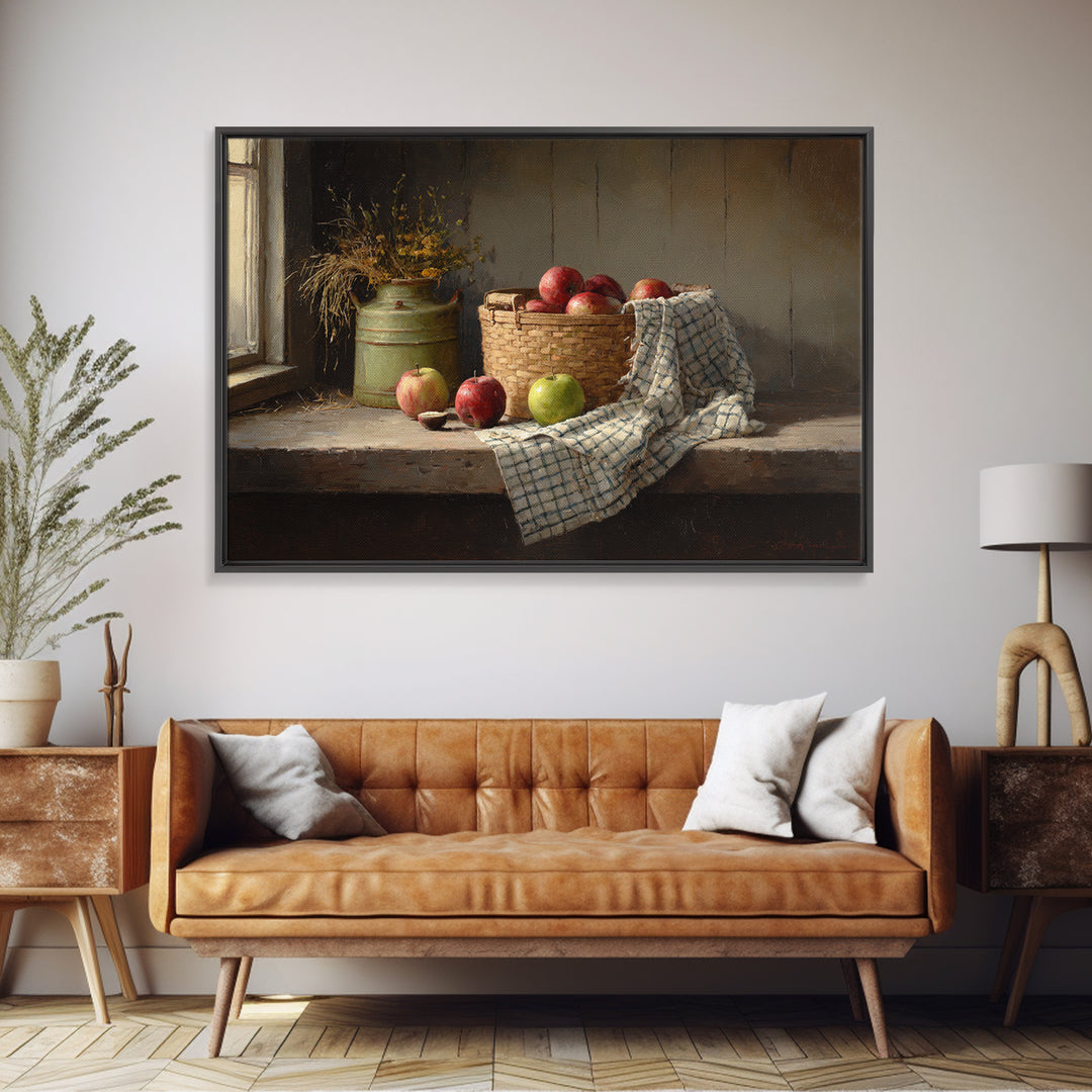 Apple Basket with Gingham Cloth Framed Canvas Print, Farmhouse Art, Digital Print, Farmhouse Decor, Fine Art, Harvest, FAR-3x2-63