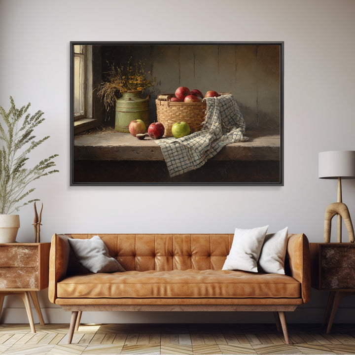 Apple Basket with Gingham Cloth Framed Canvas Print, Farmhouse Art, Digital Print, Farmhouse Decor, Fine Art, Harvest, FAR-3x2-63