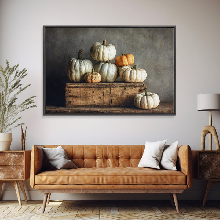 Pumpkins Stacked on a Wooden Crate Framed Canvas Print, Farmhouse Art, Botanical Prints, Farmhouse Decor, Watercolor Art, FAR-3x2-65