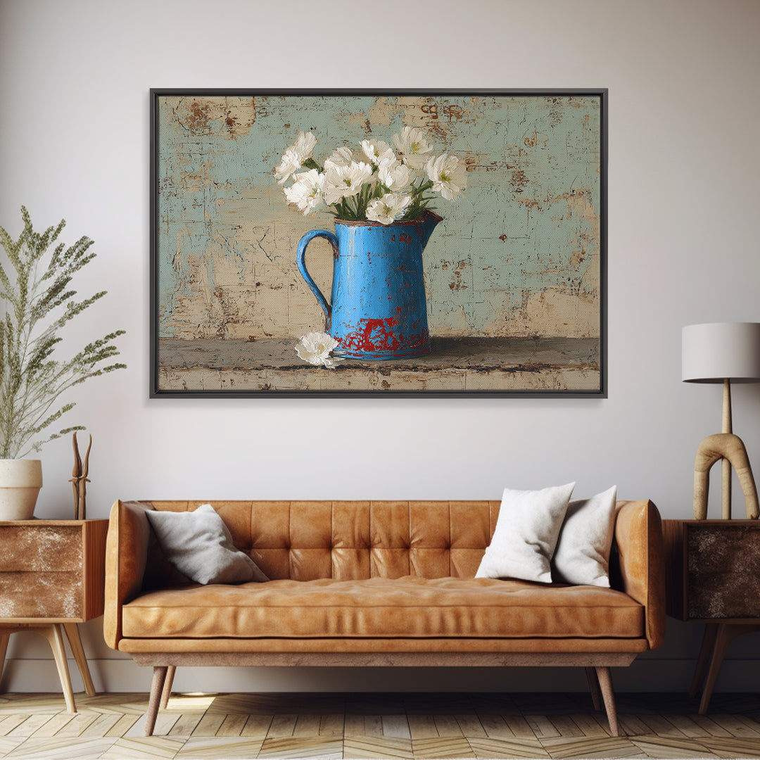 Blue Enamel Pitcher Canvas Print, Farmhouse Art, Neutral Decor, Farmhouse Decor, Oil Painting, Harvest, Wall Art, Home Decor, FAR-3x2-68