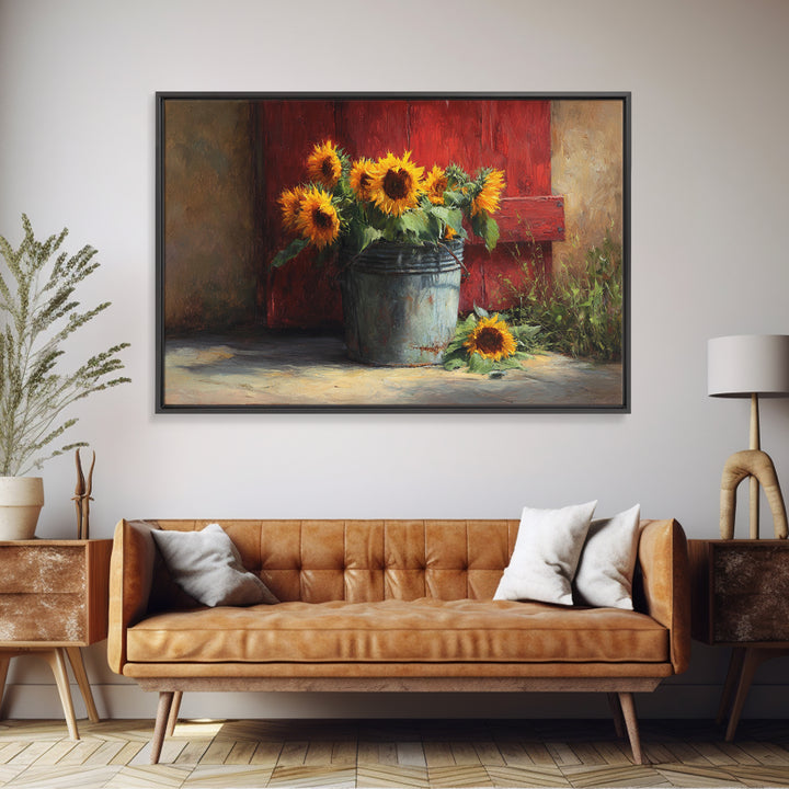 Sunflowers in a Galvanized Metal Bucket Framed Canvas Print, Farmhouse Art, Home Decor, Farmhouse Decor, Fine Art, Harvest, FAR-3x2-7