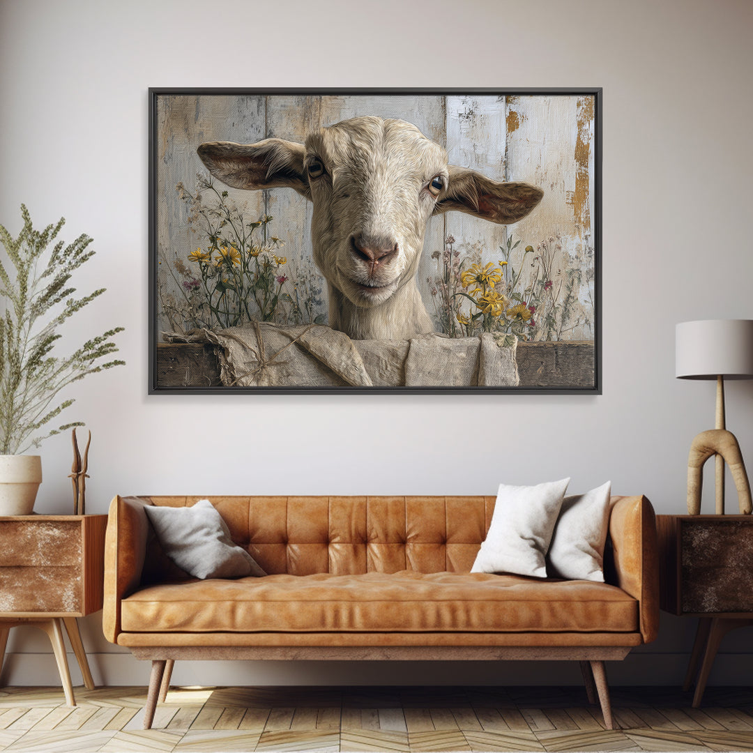 Goat Portrait with Playful Expression Framed Canvas Print, Farmhouse Art, Living Room Decor, Farmhouse Decor, Fine Art, Harvest, FAR-3x2-70