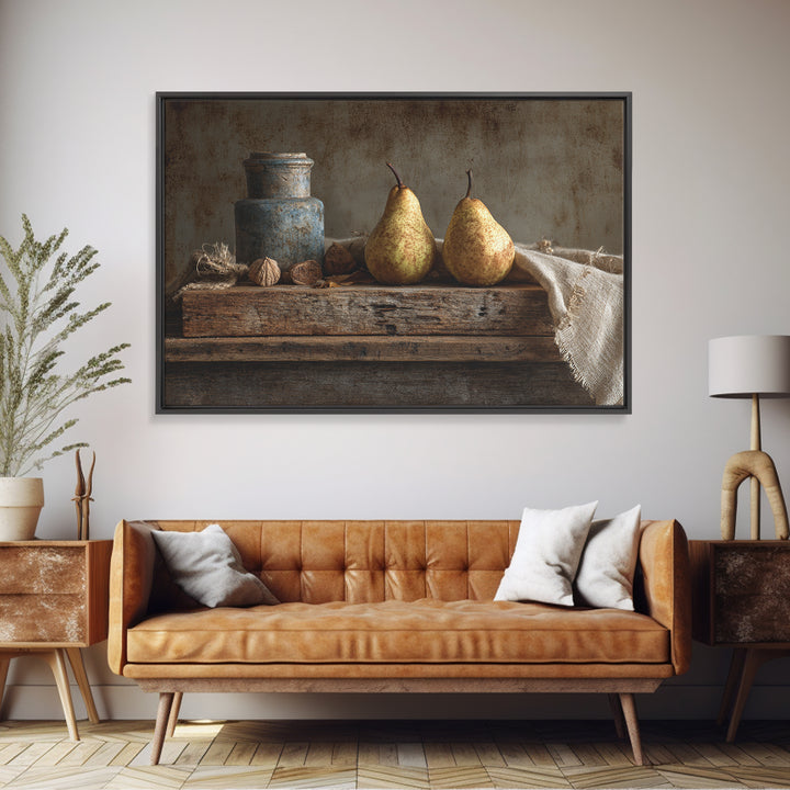 Rustic Pear Still Life on Plank Wood Framed Canvas Print, Farmhouse Art, Sage Green Wall Art, Farmhouse Decor, Watercolor Art, FAR-3x2-71