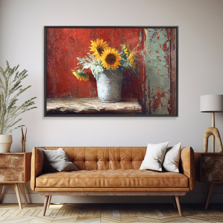 Sunflowers in a Galvanized Metal Bucket Framed Canvas Print, Farmhouse Art, Gallery Wall, Farmhouse Decor, Watercolor Art, FAR-3x2-79