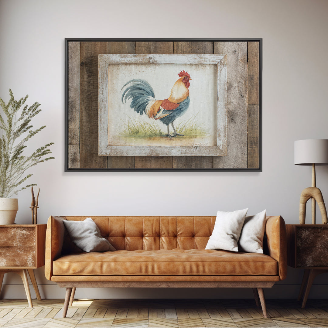 Rooster Painted in Cheerful Folk Colors Framed Canvas Print, Farmhouse Art, Printable Art, Farmhouse Decor, Oil Painting, FAR-3x2-8