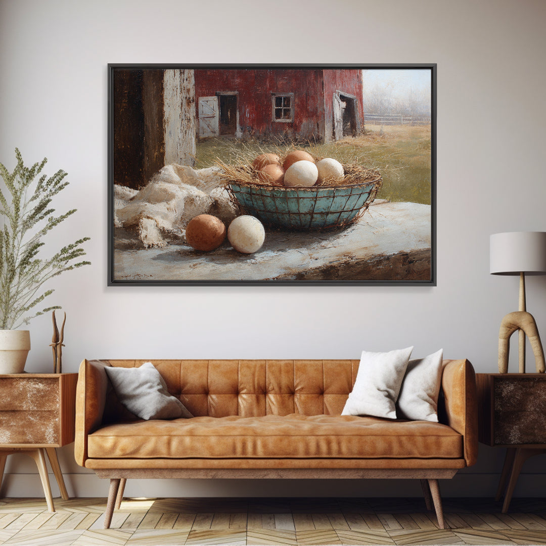 Fresh Eggs in a Wire Basket Framed Canvas Print, Farmhouse Art, Floral Wall Art, Farmhouse Decor, Oil Painting, Harvest, FAR-3x2-82