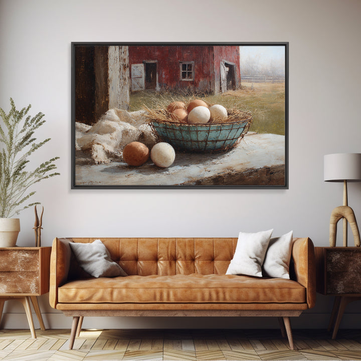 Fresh Eggs in a Wire Basket Framed Canvas Print, Farmhouse Art, Floral Wall Art, Farmhouse Decor, Oil Painting, Harvest, FAR-3x2-82