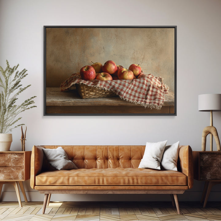 Apple Basket with Gingham Cloth Framed Canvas Print, Farmhouse Art, Fine Art Print, Farmhouse Decor, Fine Art, Harvest, FAR-3x2-87