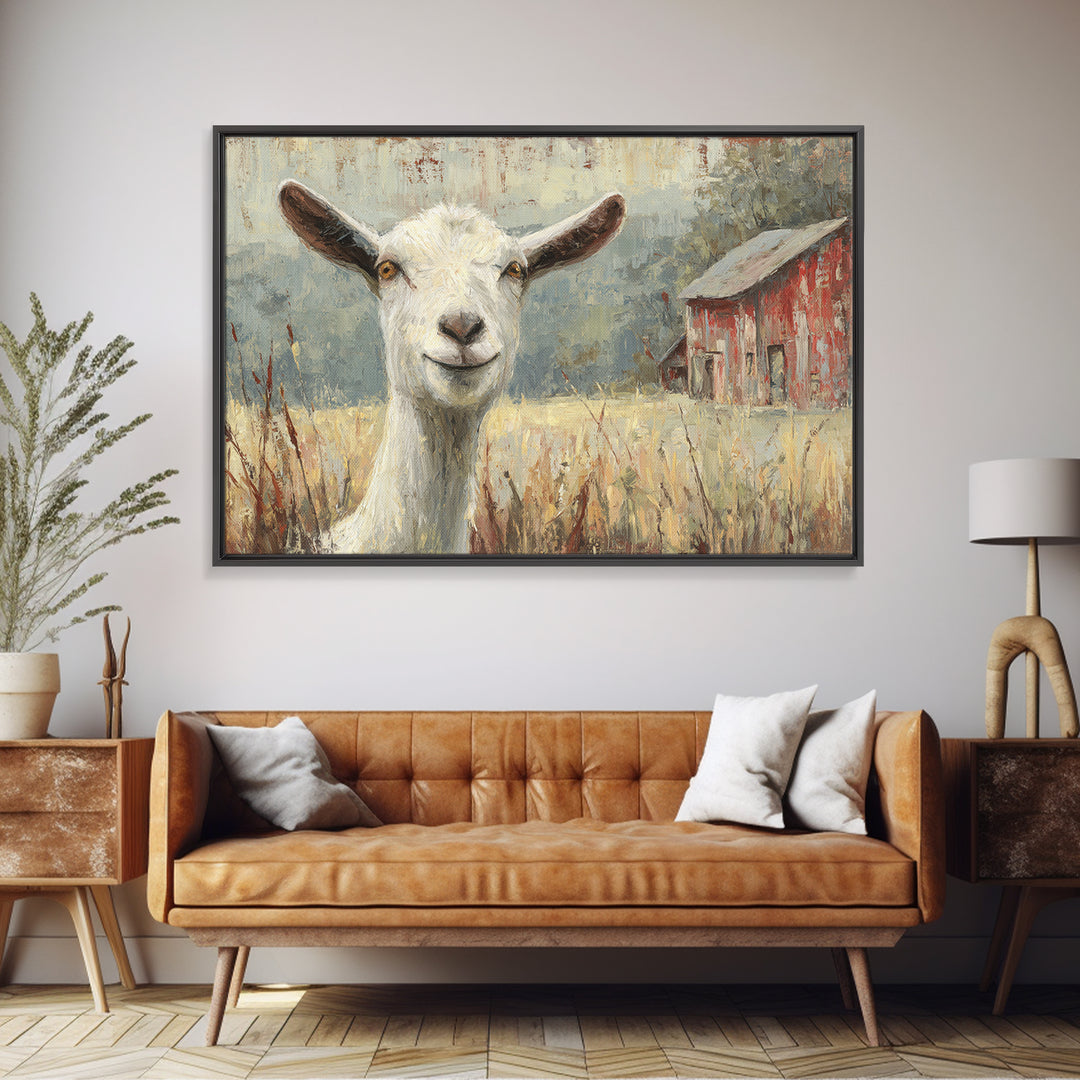 Goat Portrait with Playful Expression Canvas Print, Farmhouse Art, Black Wall Art, Farmhouse Decor, Fine Art, Harvest, FAR-3x2-94