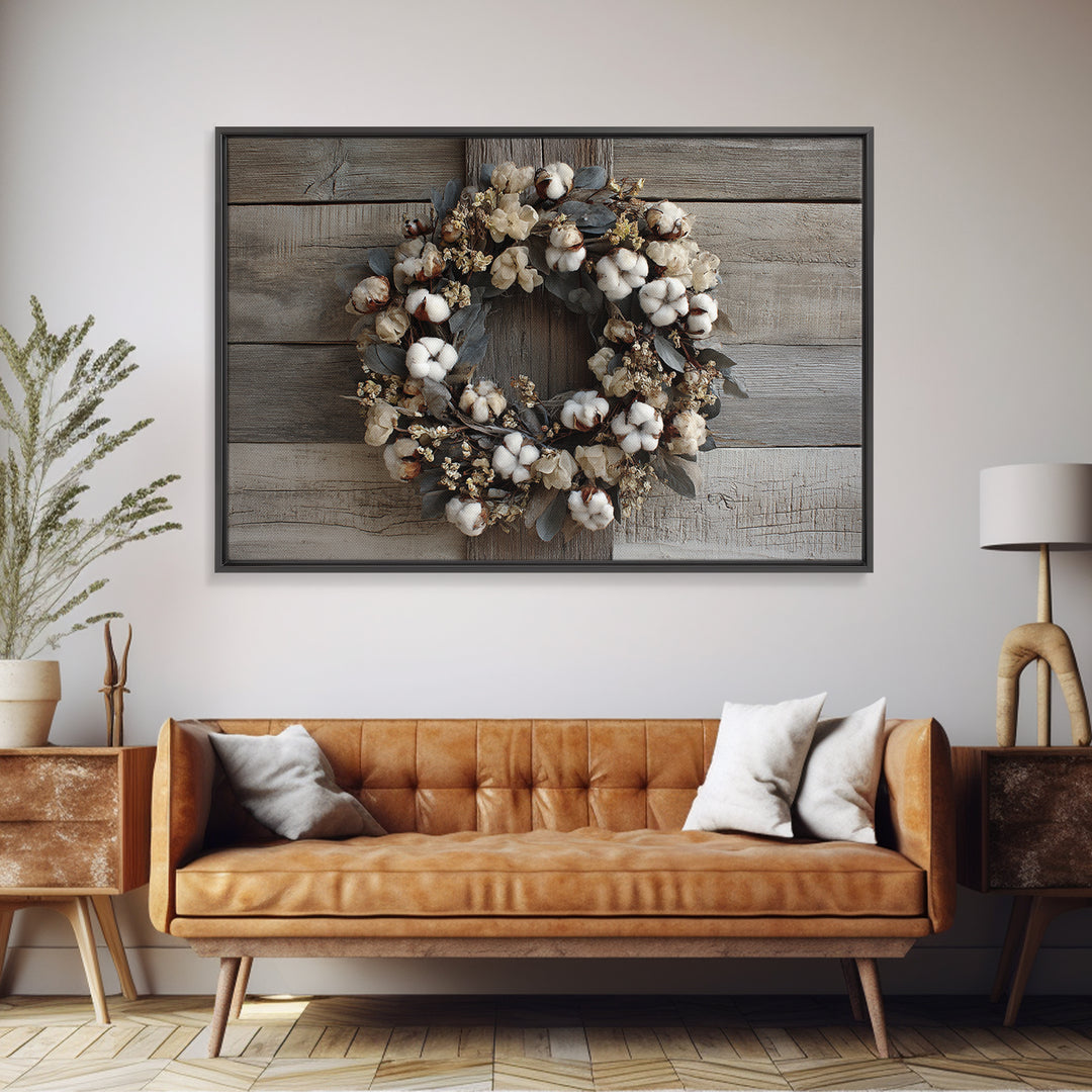 Farmhouse Wreath of Cotton Stems and Eucalyptus Framed Canvas Print, Farmhouse Art, Art Print, Farmhouse Decor, Harvest, FAR-3x2-96