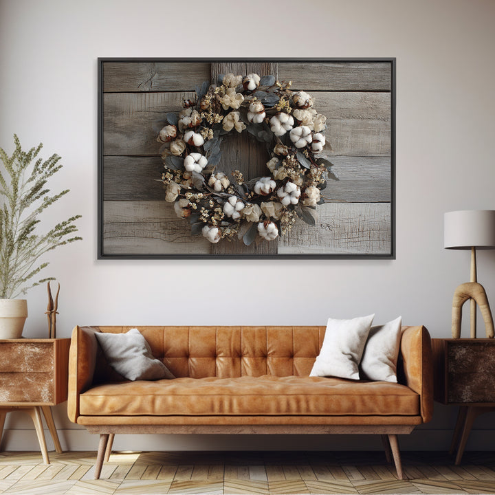 Farmhouse Wreath of Cotton Stems and Eucalyptus Framed Canvas Print, Farmhouse Art, Art Print, Farmhouse Decor, Harvest, FAR-3x2-96