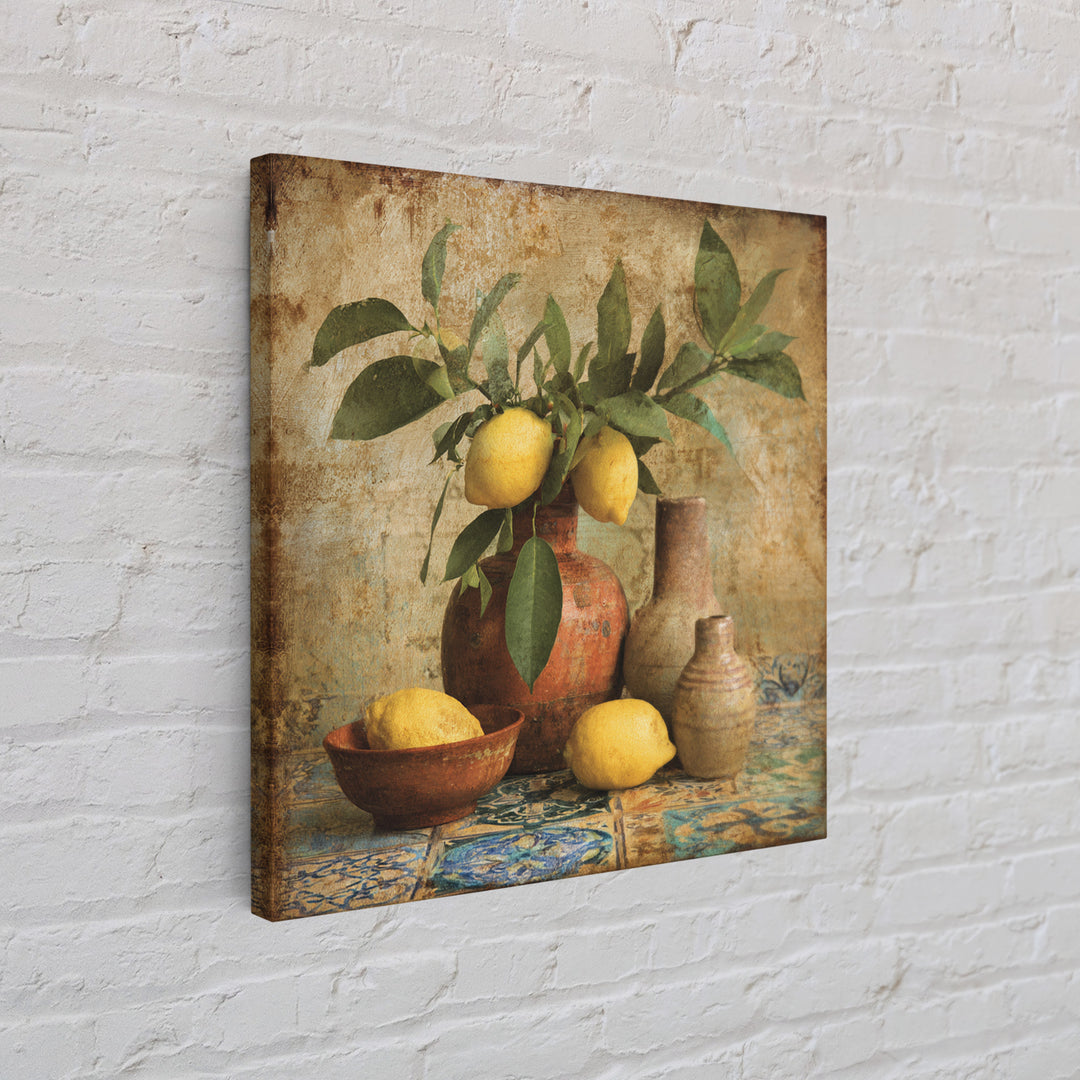 Aged Botanical Plate of Lemons and Leaves Framed Canvas Print, French Country Art, Digital Art, Farmhouse Decor, Oil Painting, FCA-1x1-12