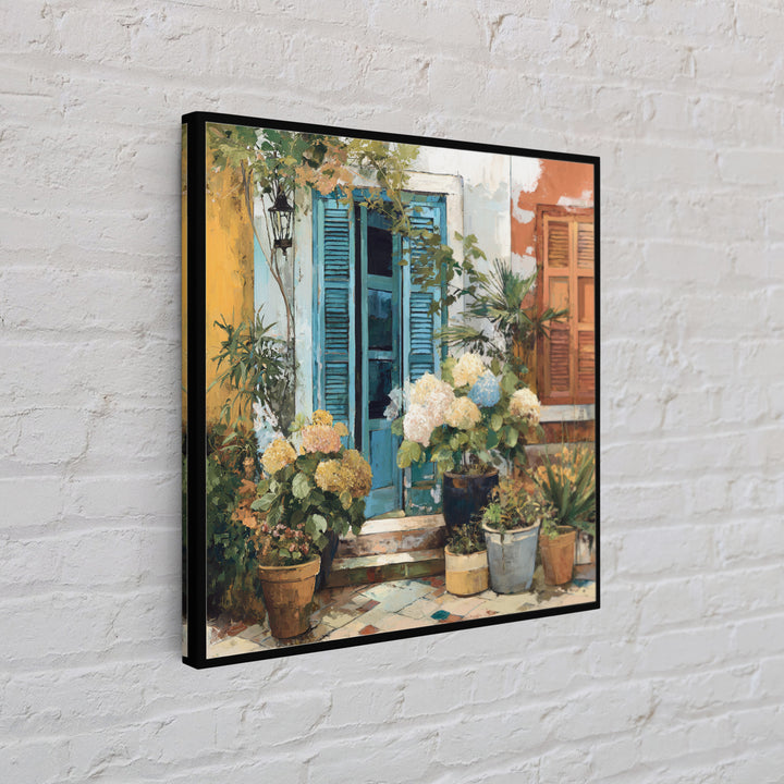 Soft Hydrangeas Beside Antique Shutters Framed Canvas Print, French Country Art, Home Decor, Farmhouse Decor, Fine Art, Country, FCA-1x1-32