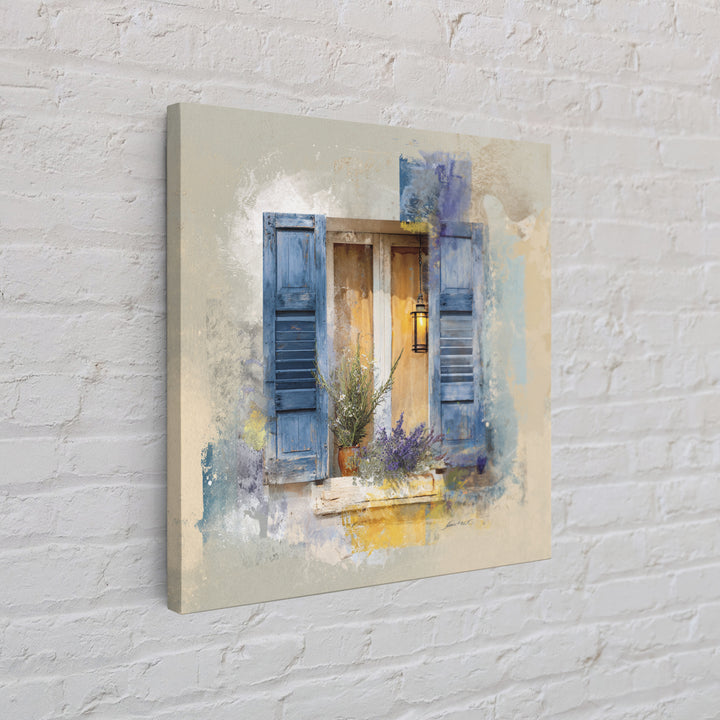 Weathered Window with Blue Shutters Canvas Print, French Country Art, Botanical Wall Art, Farmhouse Decor, Watercolor Art, FCA-1x1-45