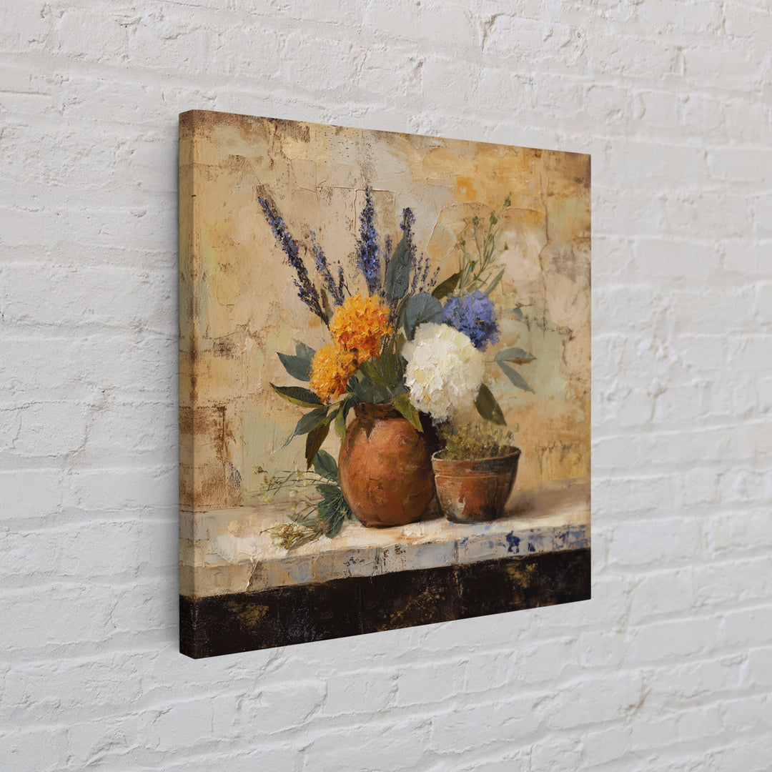 Antique Copper Pot and Flowers Still Life Framed Canvas Print, French Country Art, Wall Art, Farmhouse Decor, Oil Painting, FCA-1x1-48