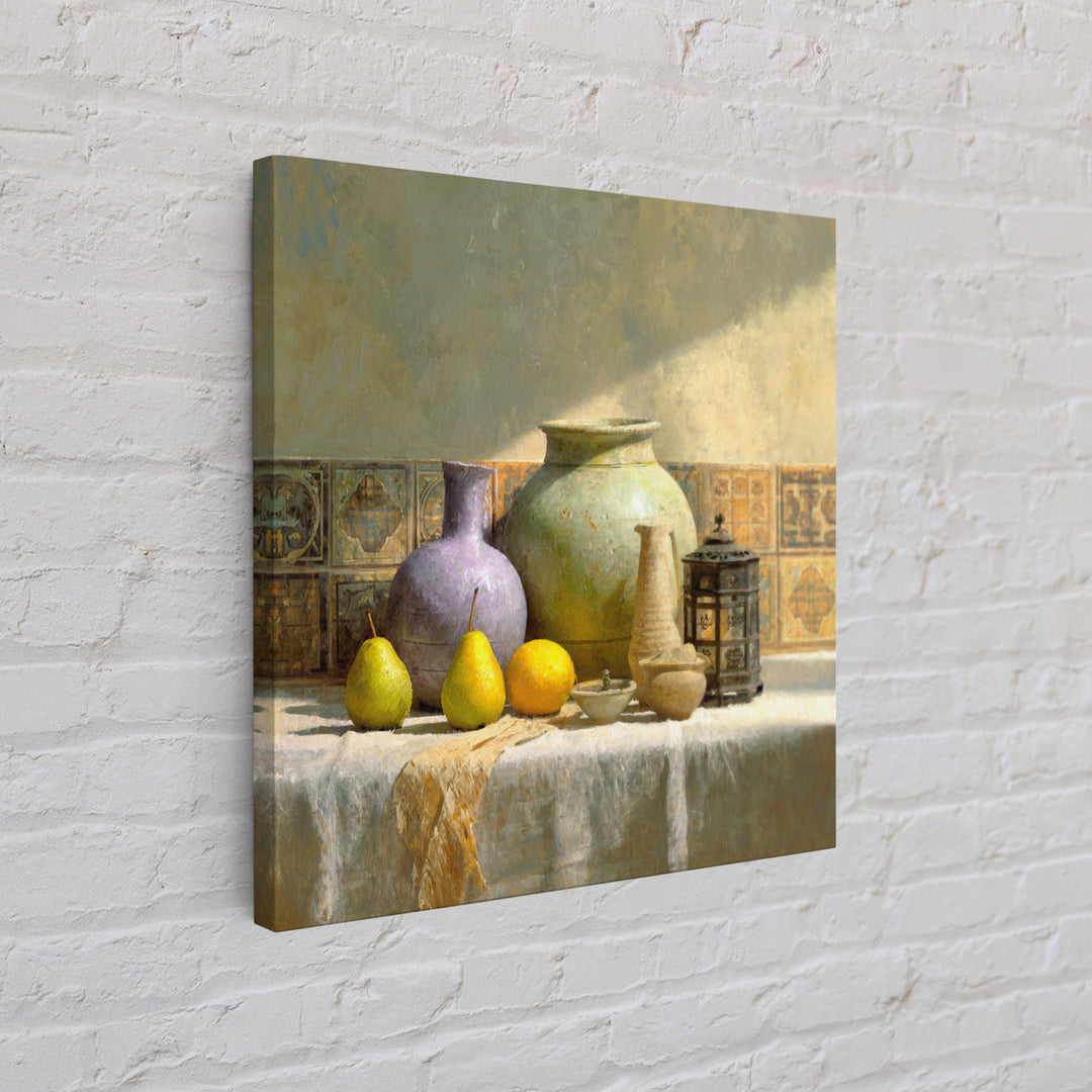 Pear Still Life on Linen Tablecloth Framed Canvas Print, French Country Art, Digital Art Prints, Farmhouse Decor, Abstract Art, FCA-1x1-52