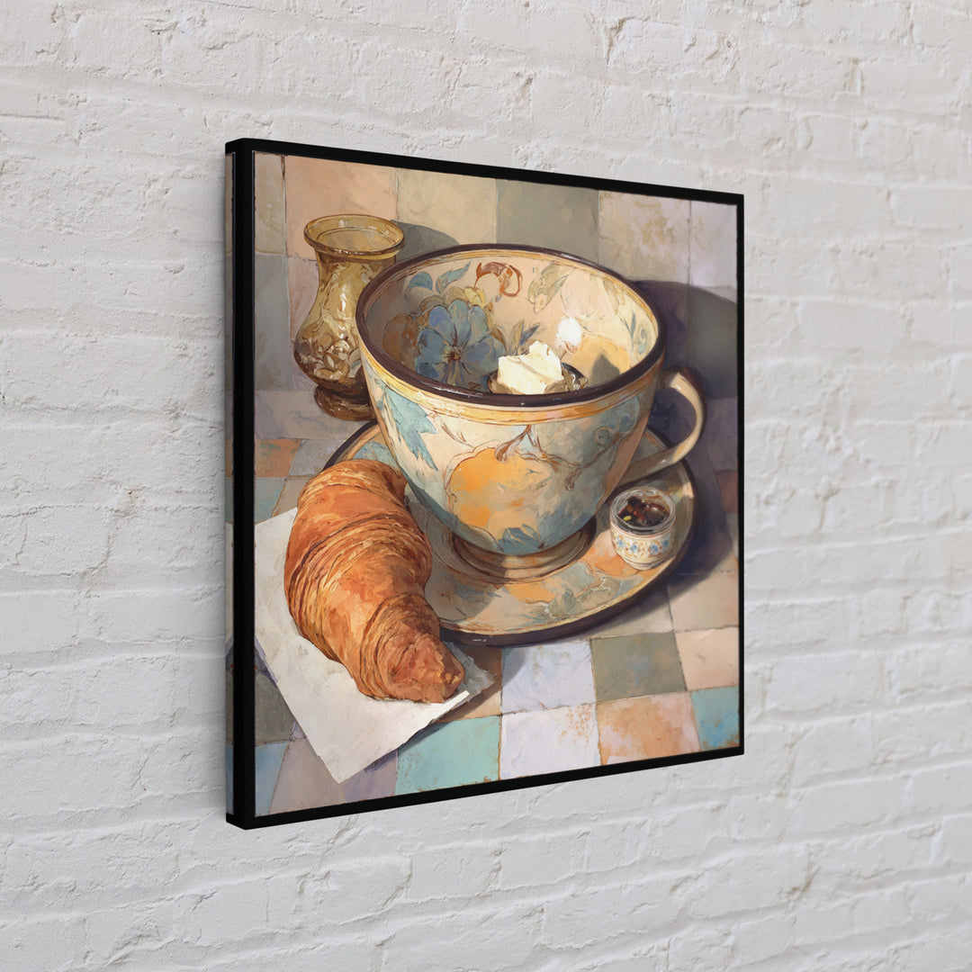 Caf Au Lait Bowl Framed Canvas Print, French Country Art, Digital Art Prints, Farmhouse Decor, Watercolor Art, Country, FCA-1x1-58