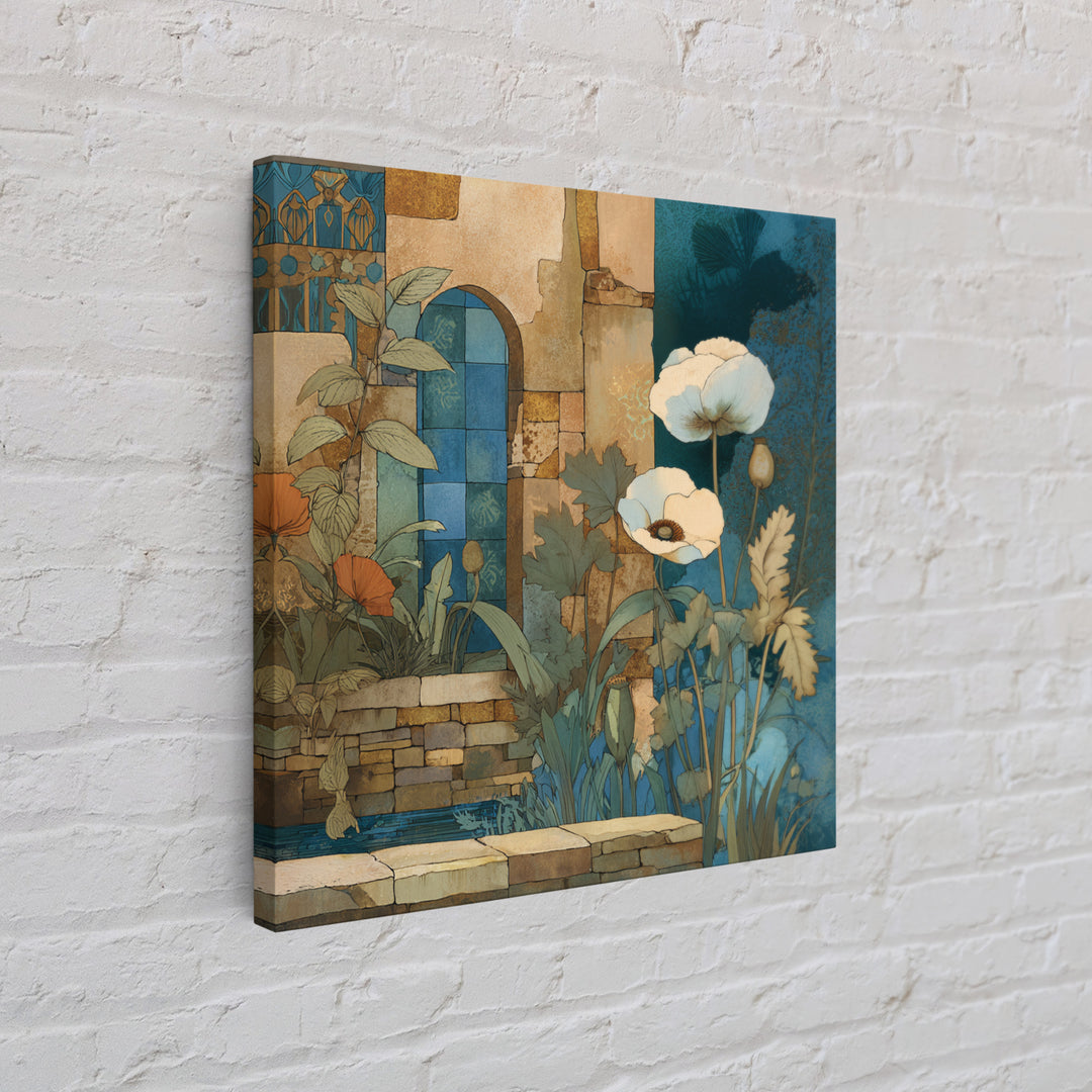 Poppies Beside a Stone Garden Wall Framed Canvas Print, French Country Art, Landscape Wall Art, Farmhouse Decor, Oil Painting, FCA-1x1-63