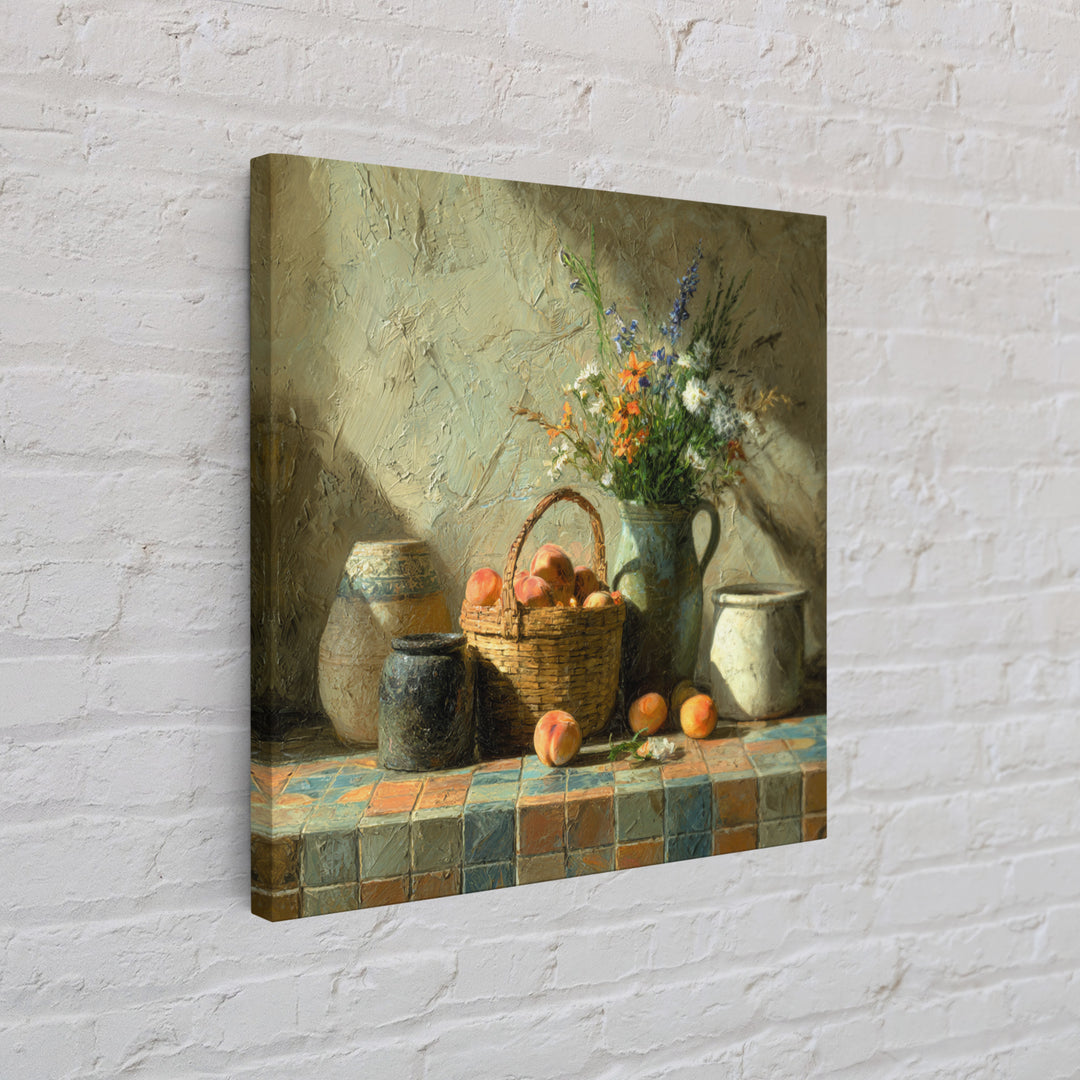 Basket of Fresh Peaches and Wildflowers Canvas Print, French Country Art, Eclectic Wall Art, Farmhouse Decor, Country, FCA-1x1-68