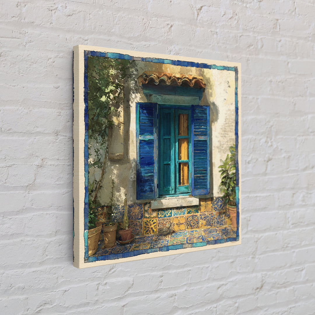 Weathered Window with Blue Shutters Canvas Print, French Country Art, Botanical Wall Art, Farmhouse Decor, Watercolor Art, FCA-1x1-69