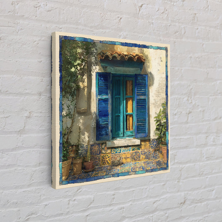 Weathered Window with Blue Shutters Canvas Print, French Country Art, Botanical Wall Art, Farmhouse Decor, Watercolor Art, FCA-1x1-69