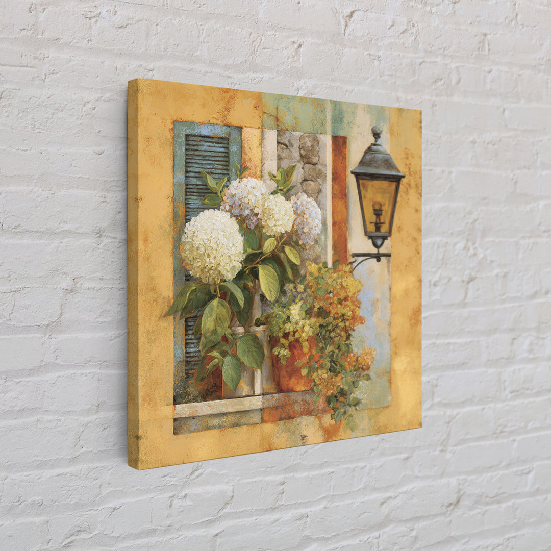 Soft Hydrangeas Beside Antique Shutters Framed Canvas Print, French Country Art, Home Decor, Farmhouse Decor, Fine Art, Country, FCA-1x1-80