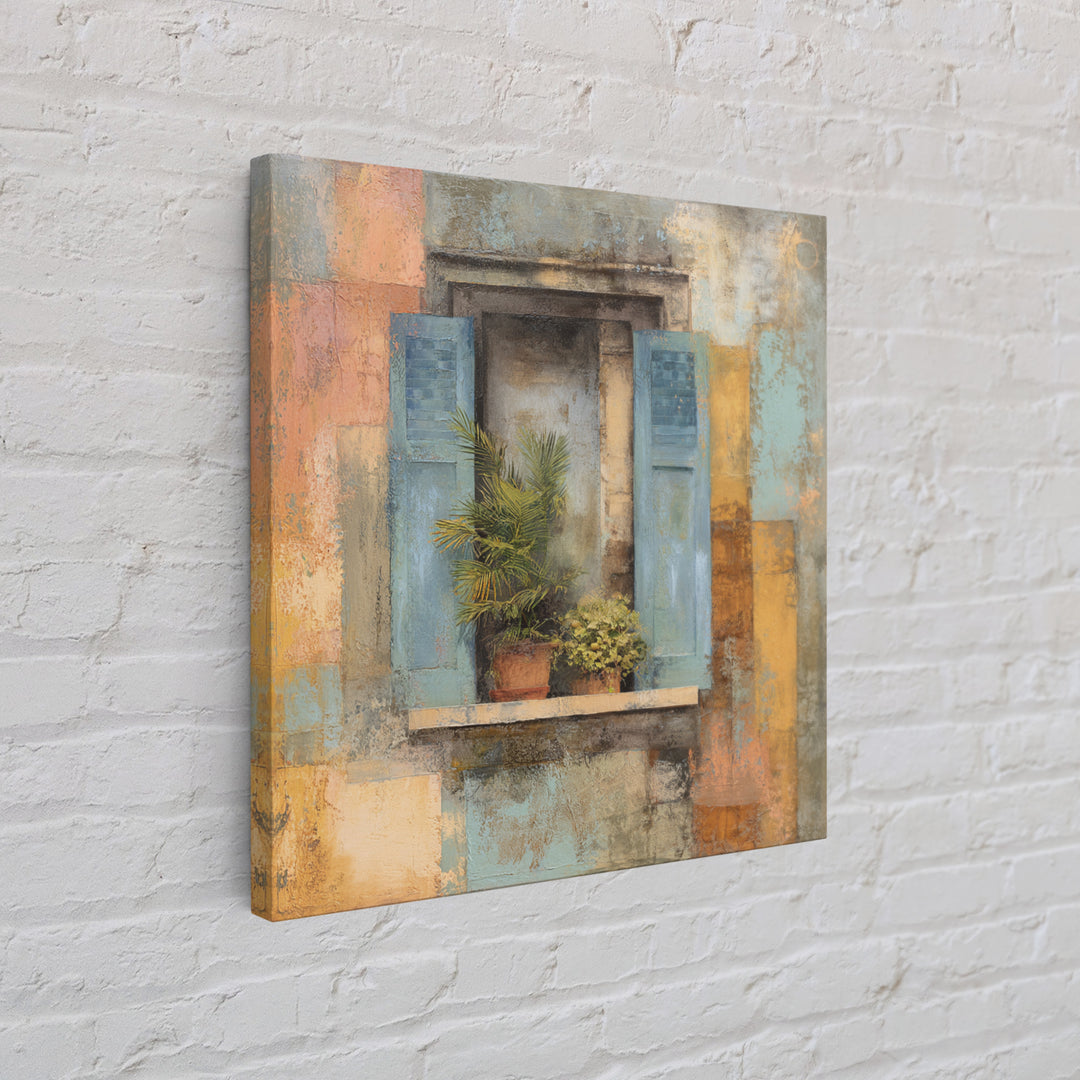 Weathered Window with Blue Shutters Framed Canvas Print, French Country Art, Landscape Wall Art, Farmhouse Decor, Oil Painting, FCA-1x1-93