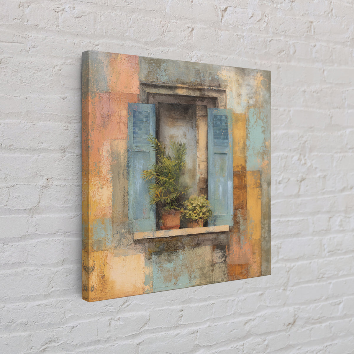 Weathered Window with Blue Shutters Framed Canvas Print, French Country Art, Landscape Wall Art, Farmhouse Decor, Oil Painting, FCA-1x1-93