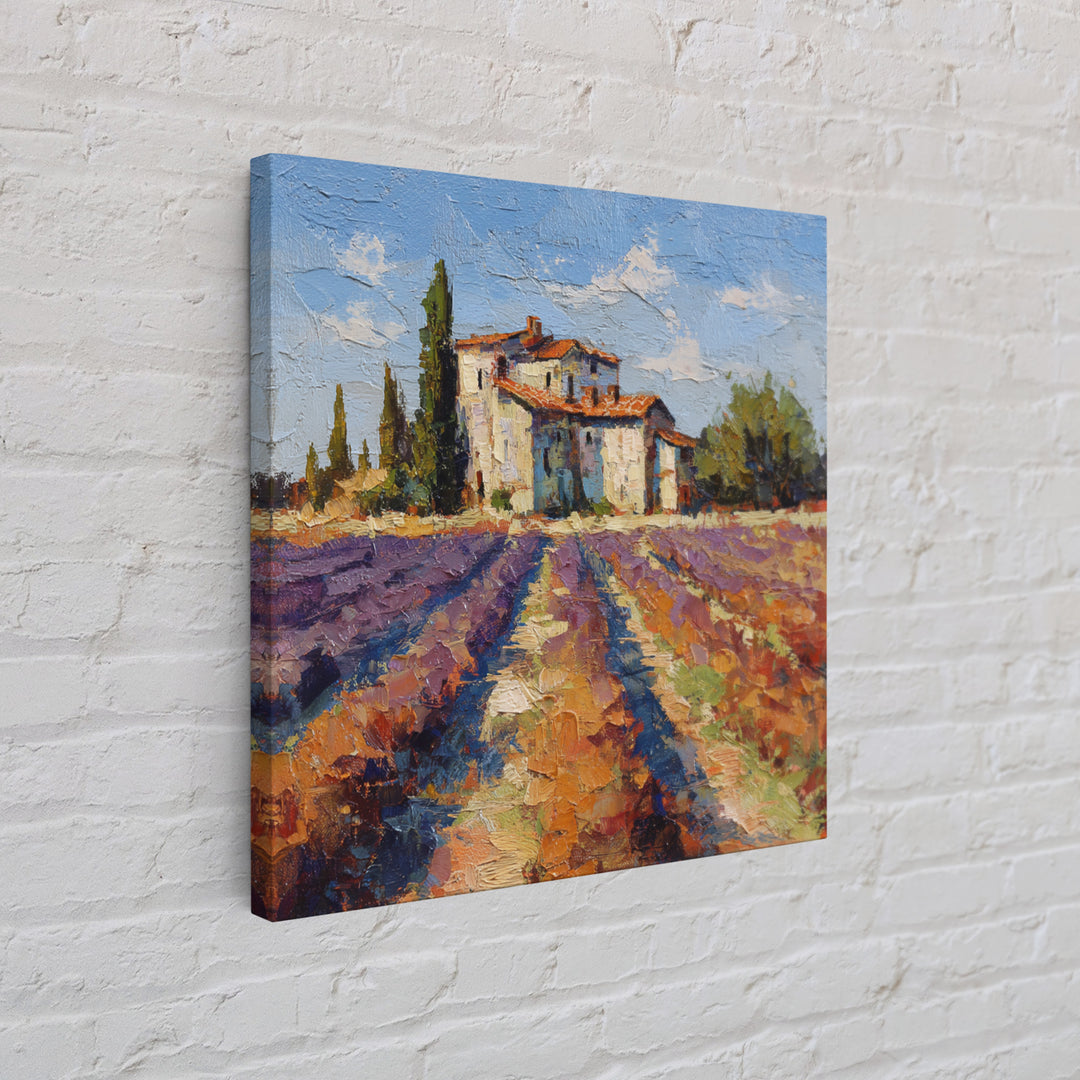 Lavender Field with Distant Stone Farmhouse Canvas Print, French Country Art, Farmhouse Decor, Oil Painting, Country, FCA-1x1-97