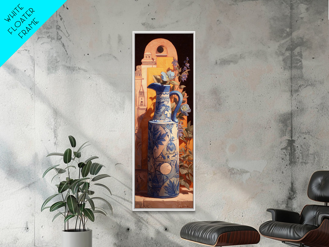 Blue and White Ceramic Pitcher Framed Canvas Print, French Country Art, Landscape Wall Art, Farmhouse Decor, Fine Art, Country, FCA-1x3-15