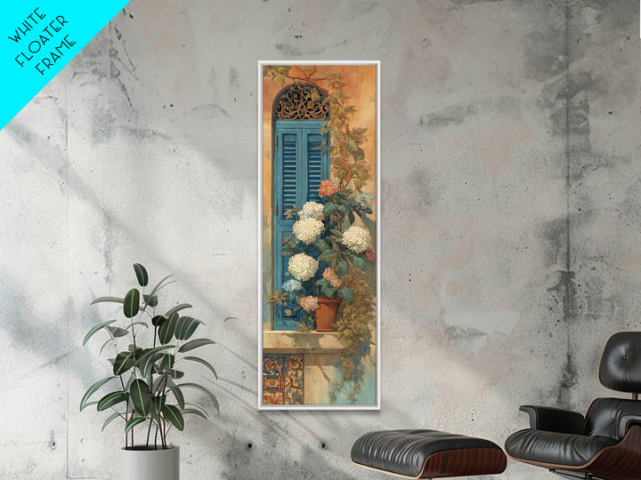 Soft Hydrangeas Beside Antique Shutters Framed Canvas Print, French Country Art, Eclectic Wall Art, Farmhouse Decor, Country, FCA-1x3-20