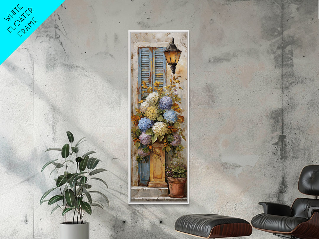 Soft Hydrangeas Beside Antique Shutters Canvas Print, French Country Art, Luxury Decor, Farmhouse Decor, Fine Art, Country, FCA-1x3-68