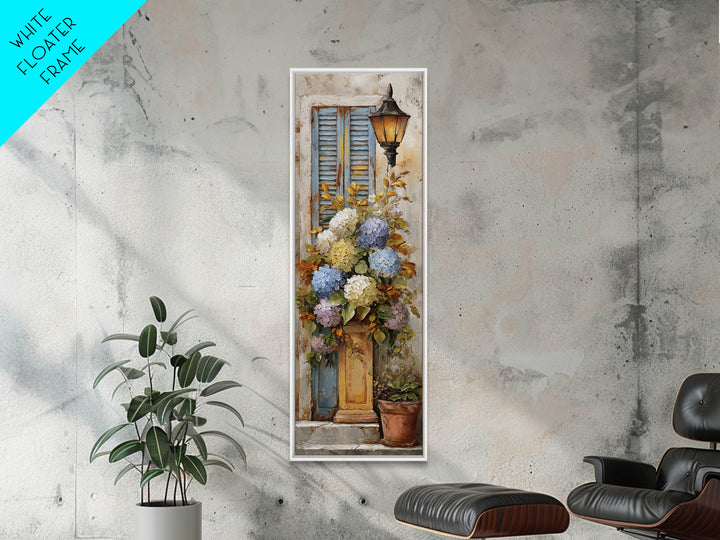 Soft Hydrangeas Beside Antique Shutters Canvas Print, French Country Art, Luxury Decor, Farmhouse Decor, Fine Art, Country, FCA-1x3-68