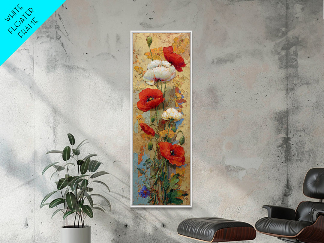 Poppies Beside a Stone Garden Wall Framed Canvas Print, French Country Art, Wall Art, Farmhouse Decor, Oil Painting, Country, FCA-1x3-75